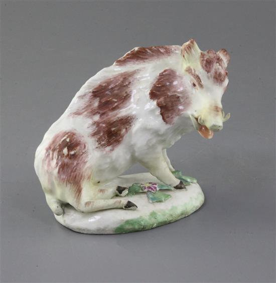 A rare Derby Dry-edge figure of a wild boar, c.1752-5, l. 13.5cm, old restoration